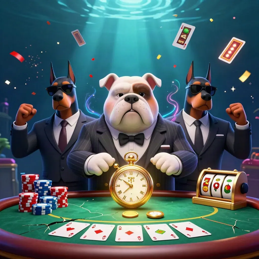 Bulldog boss and Doberman guards amid casino symbols under underwater neon rays.