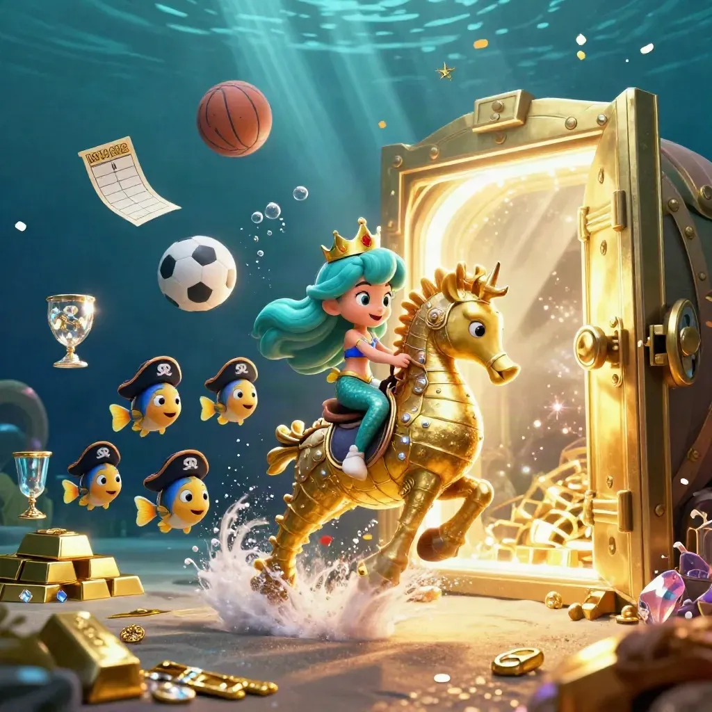 Mermaid princess on a gold seahorse amid vault treasure, bubbles, soccer ball and basketball underwater