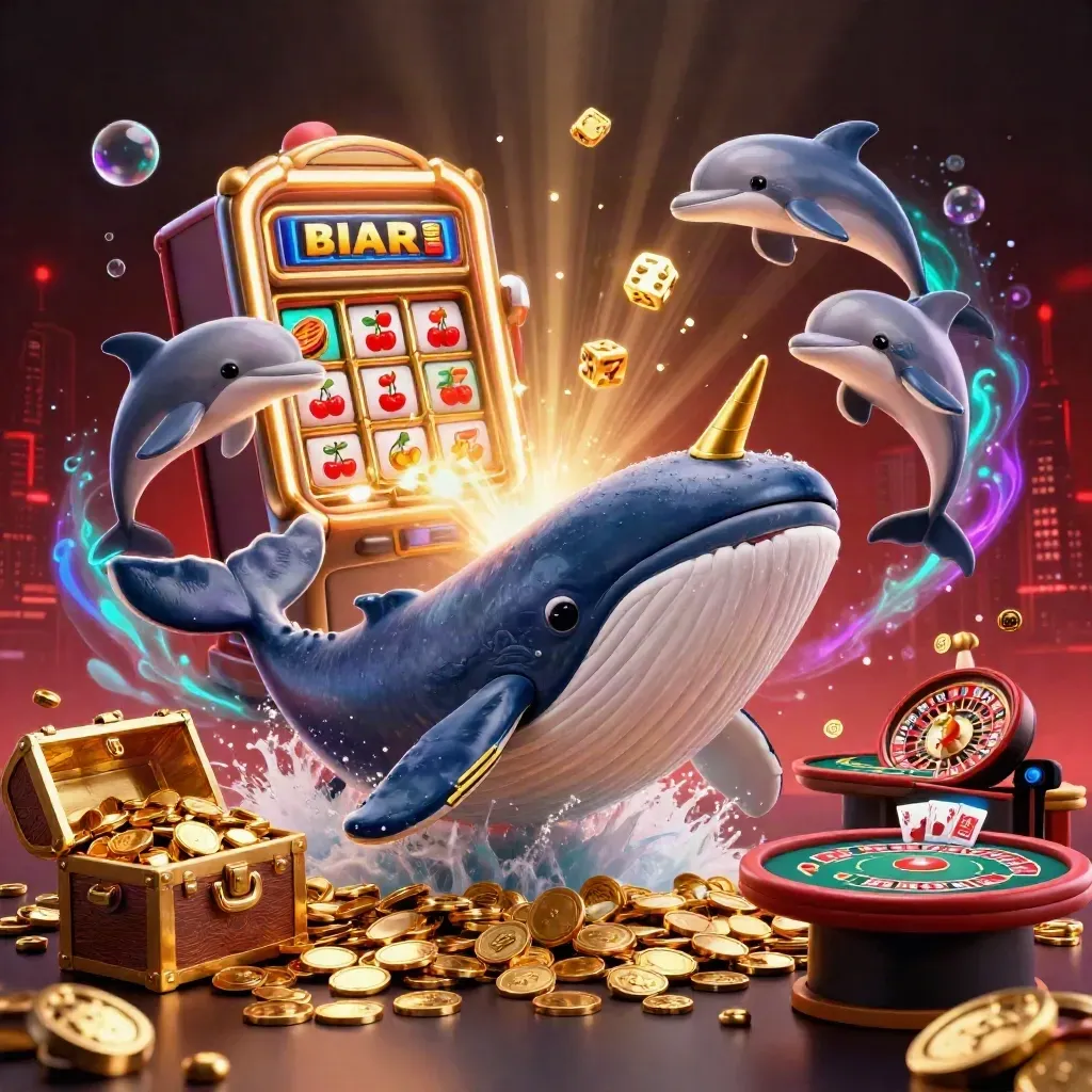 Whale captain, narwhal, dolphins, slot burst, coins, dice, roulette wheel, luxe casino glow