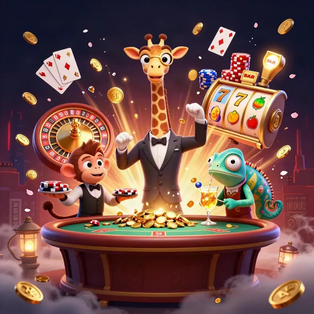 Giraffe, monkey, and chameleon in a gold coin burst on a luxe casino stage