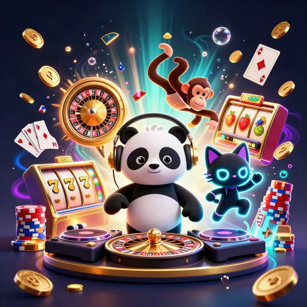 Panda DJ, monkey and glow-kitten blast coins, cards and chips in a luxe neon casino scene.