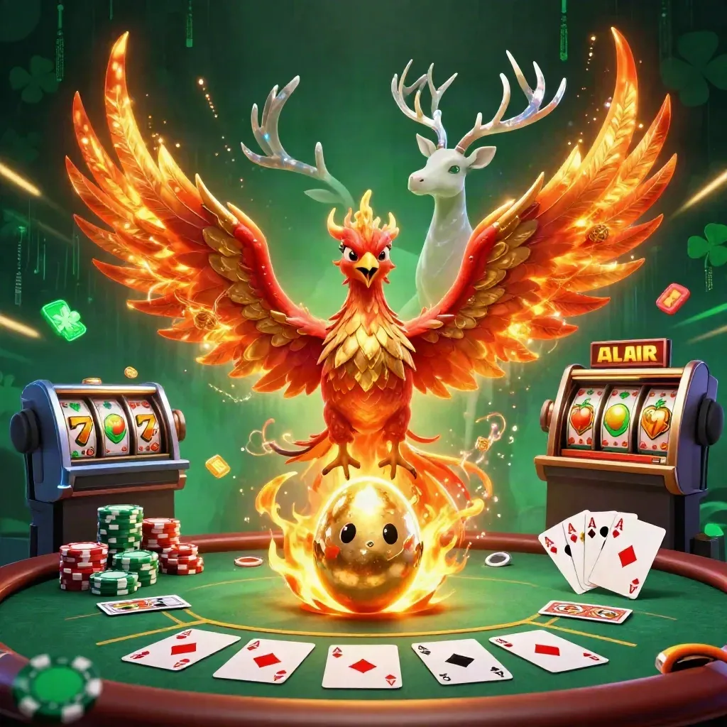 Fire phoenix, hatchling, and crystalline stag amid casino chips, cards, reels, and neon effects.