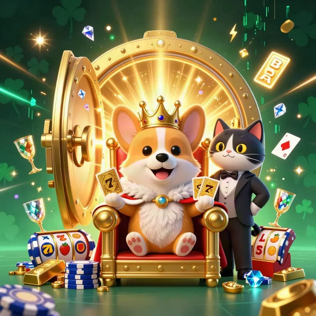 Royal corgi and cat butler amid vault gold, neon slots, and casino magic