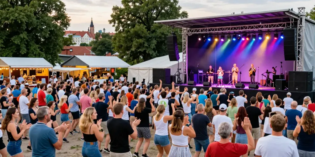 Exciting concerts and events Vilnius scene with a lively crowd enjoying live music outdoors.